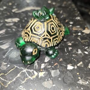 Lazy Frog On Green and Gold Turtle Figurine